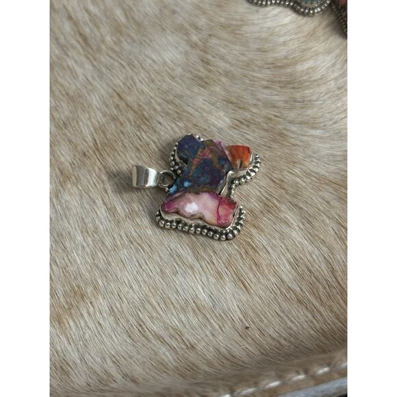 Native American Sterling Silver SW Pink Dahlia Turquoise Cow Sheep Bull Pendant - Picture 3 of 9